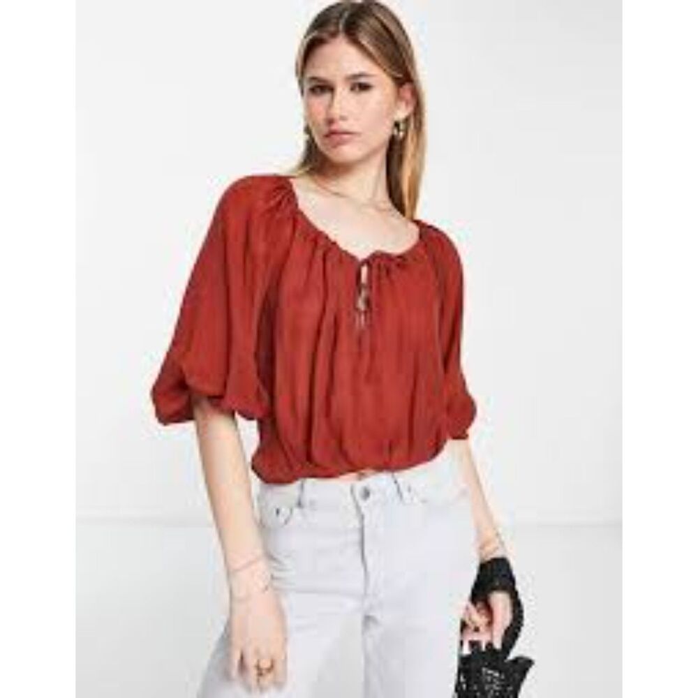 ASOS DESIGN Blouson Crop Top With Tie Neck in RUST Color Sz 6